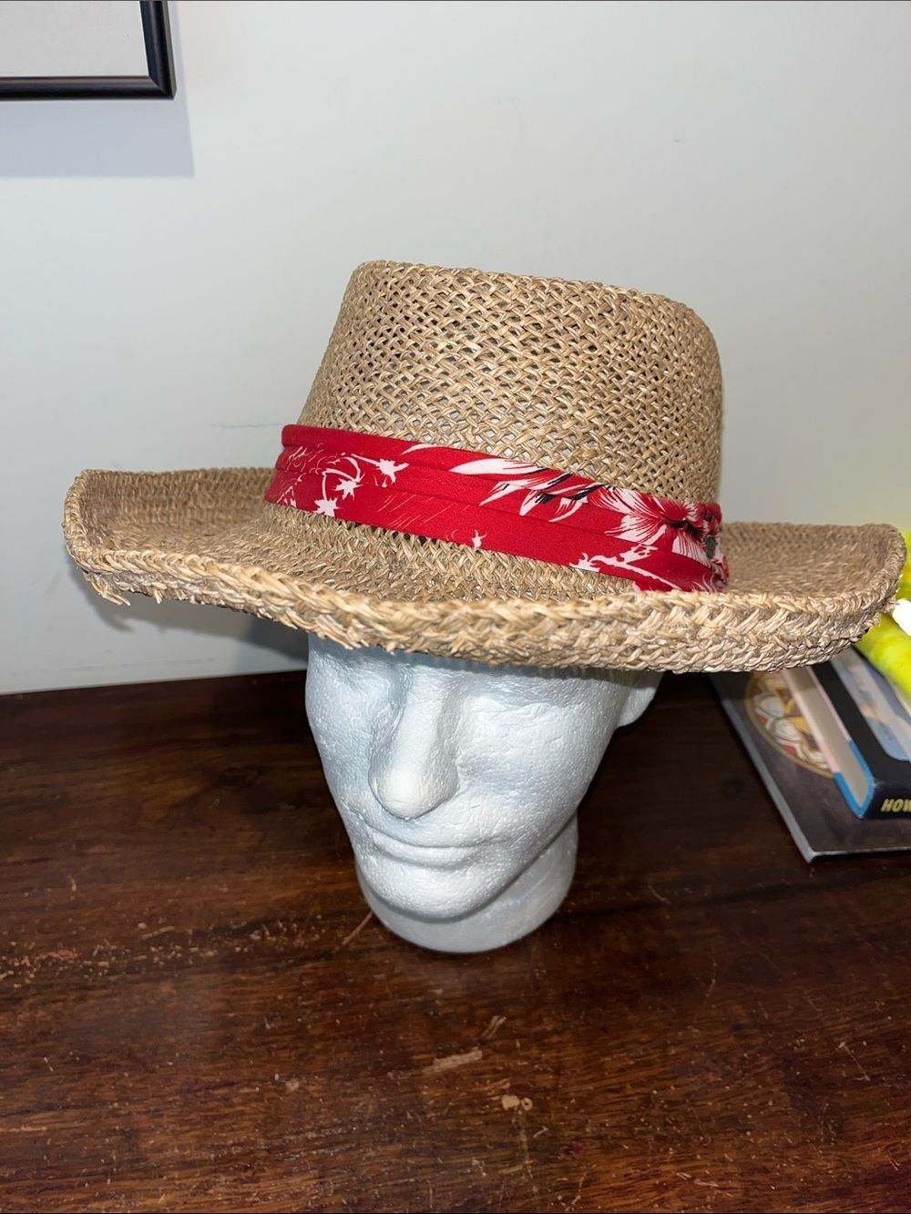 Vintage Panama Jack Gamber Seagrass Straw‎ Golf Hat-red white Floral Band L/XL